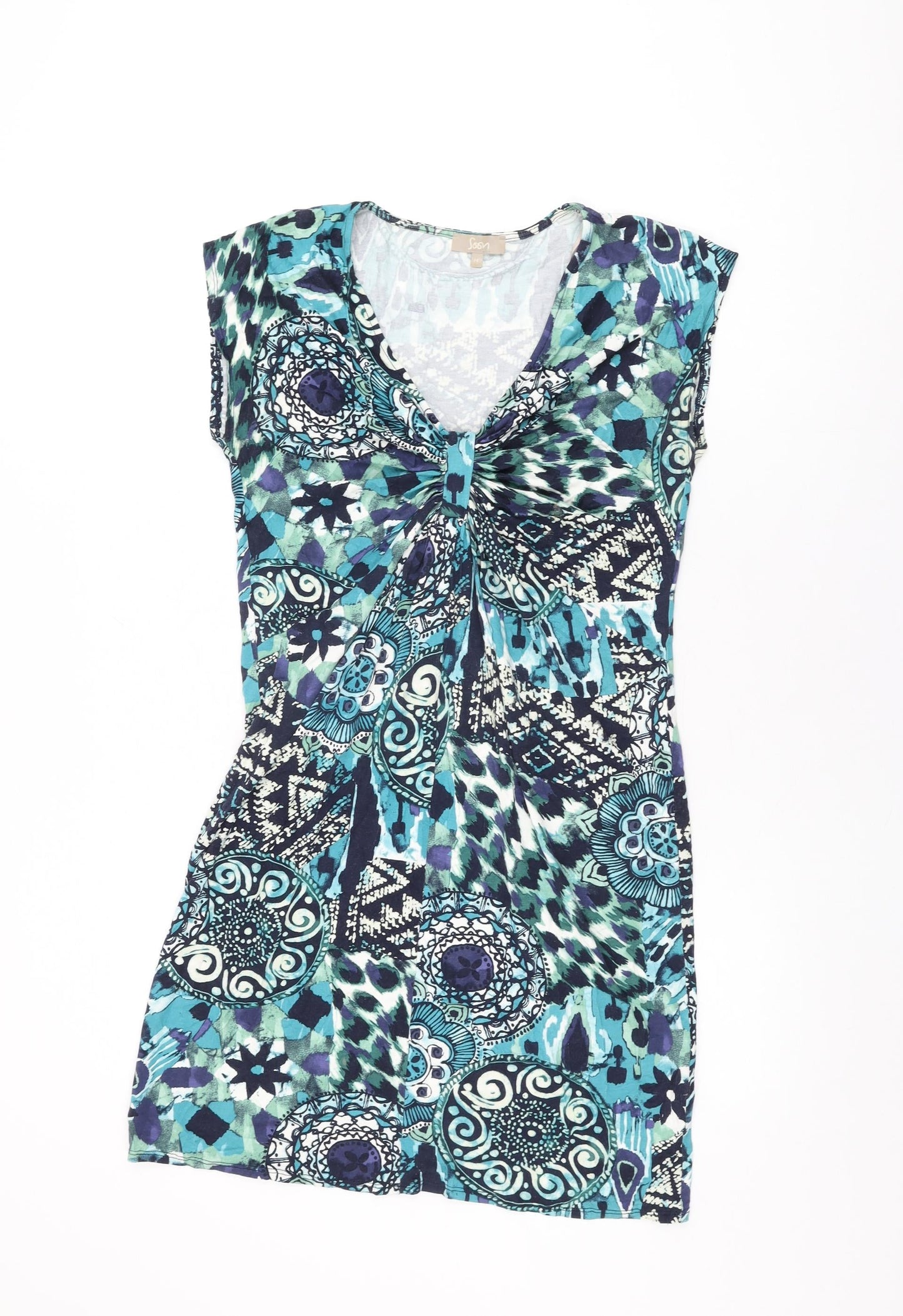 Soon Womens Blue Geometric Viscose Bodycon Size 14 V-Neck Pullover