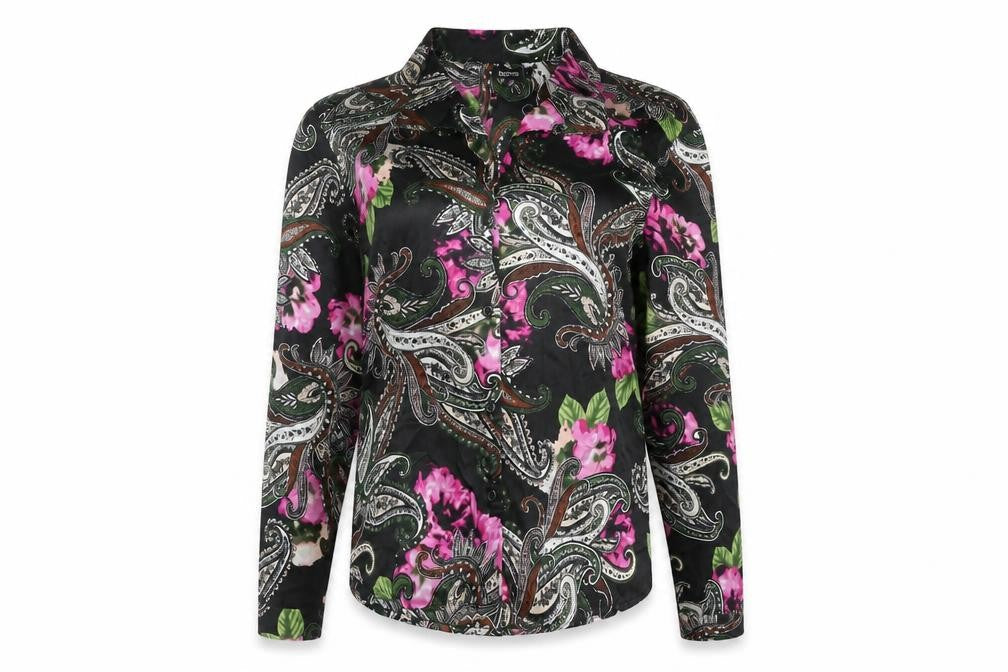 Boohoo Womens Black Floral Polyester Basic Button-Up Size L Collared