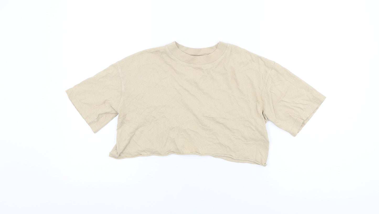 Topshop Womens Beige Cotton Cropped T-Shirt Size 6 Round Neck