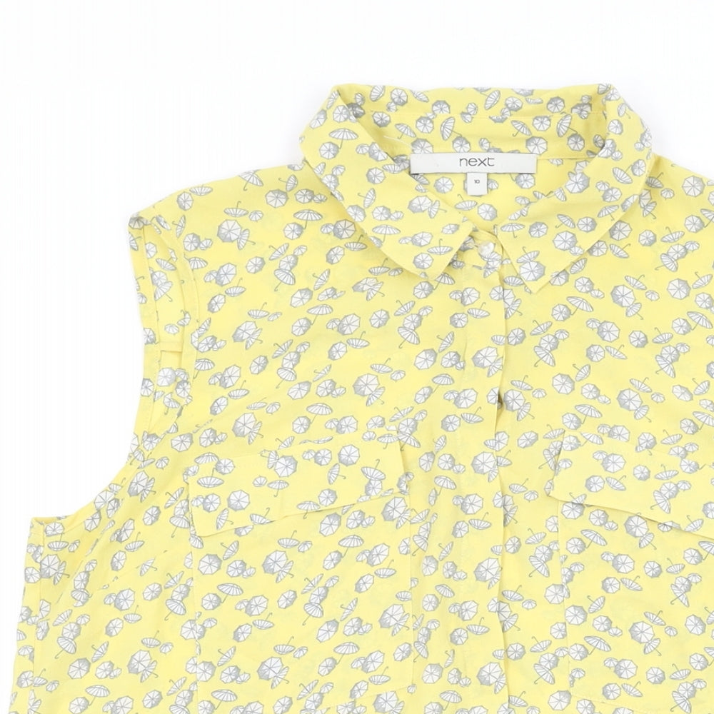 NEXT Womens Yellow Geometric Polyester Basic Button-Up Size 10 Collared