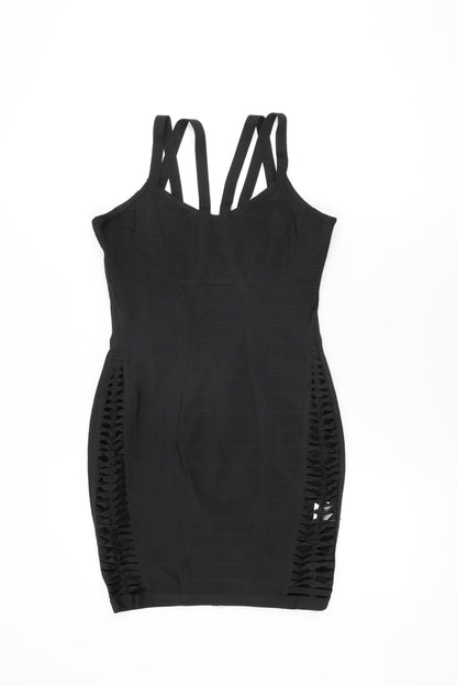 Additional front view of Missguided women’s black polyester bodycon, size M, v-neck zip