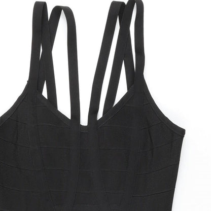 Close-up detail of Missguided women’s black polyester bodycon, size M, v-neck zip