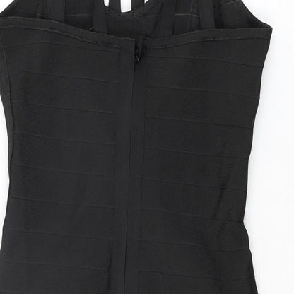 Brand and care label for Missguided women’s black polyester bodycon, size M, v-neck zip