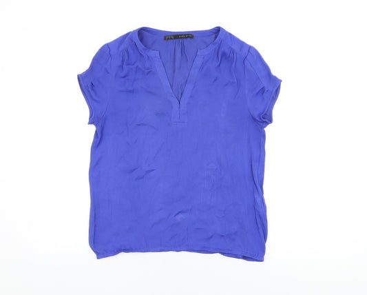 Zara Womens Blue Polyester Basic Blouse Size S V-Neck