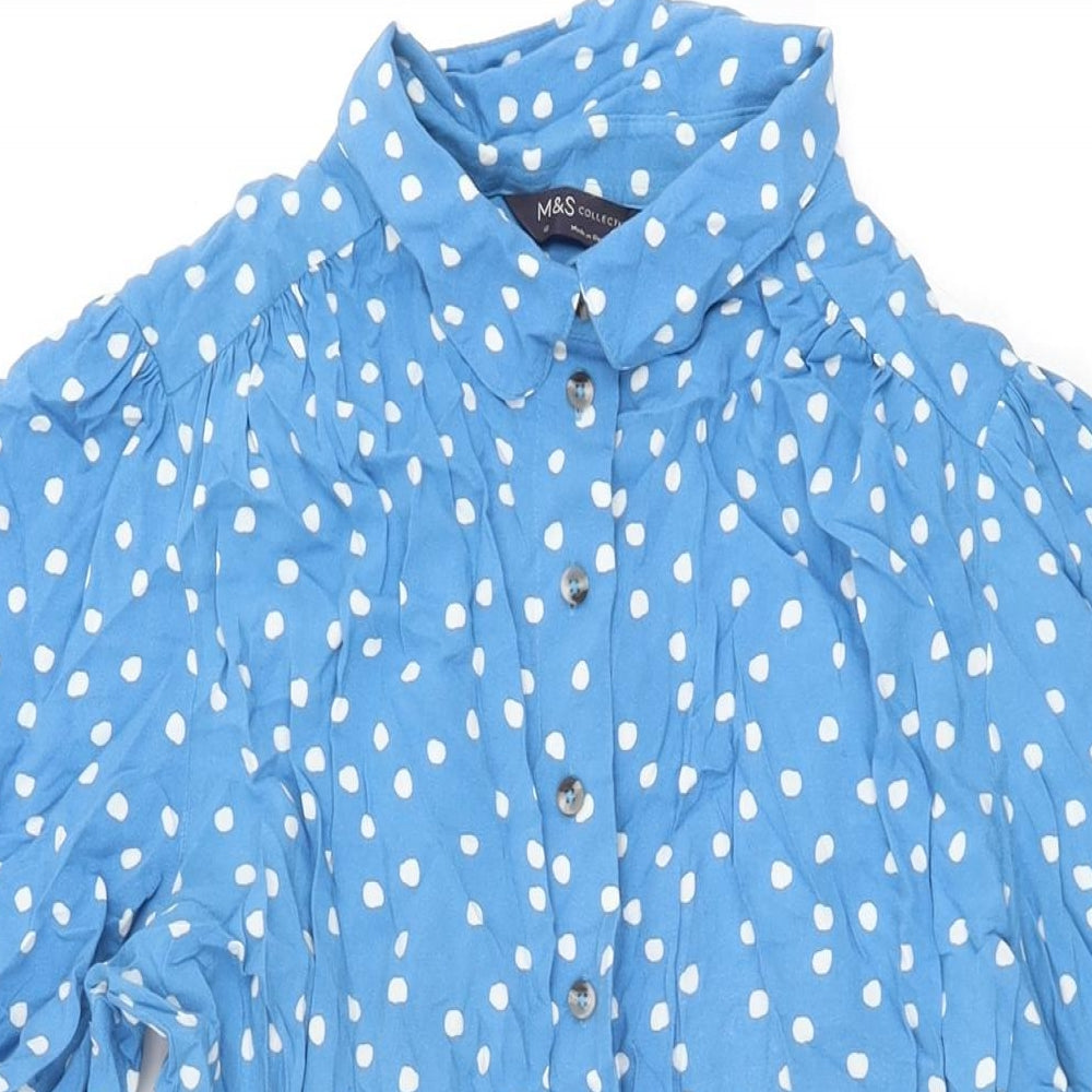 Marks and Spencer Womens Blue Polka Dot Viscose Skater Dress Size 12 Collared Button