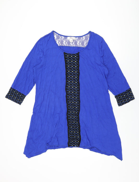 Clarity Womens Blue Geometric Cotton Basic T-Shirt Size 14 Round Neck