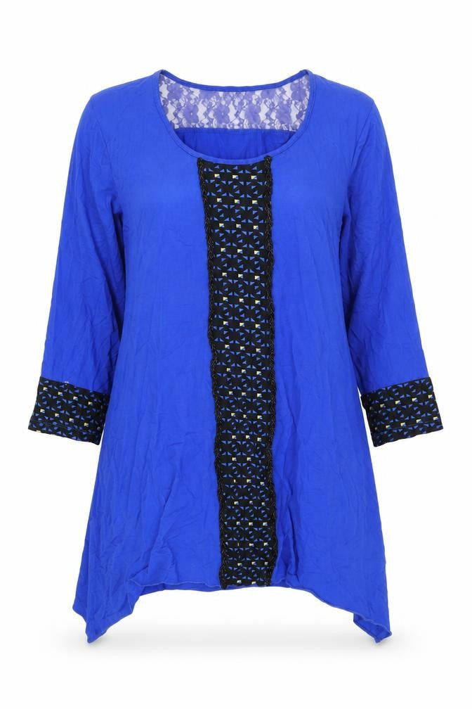 Clarity Womens Blue Geometric Cotton Basic T-Shirt Size 14 Round Neck