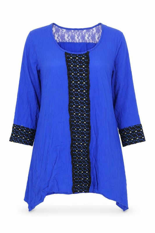 Clarity Womens Blue Geometric Cotton Basic T-Shirt Size 14 Round Neck