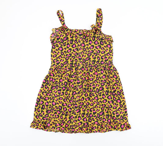NEXT Girls Yellow Animal Print Polyester Skater Dress Size 12 Years V-Neck Pullover