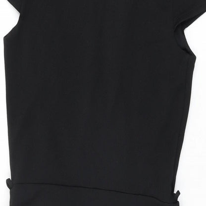 Brand and care label for Miss Selfridge women’s black polyester bodycon, size UK 10, v-neck pullover