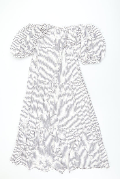 Additional front view of ASOS women’s white striped polyester a-line, size UK 8, off the shoulder pullover