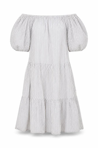 Front view of ASOS women’s white striped polyester a-line, size UK 8, off the shoulder pullover