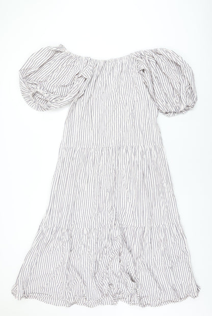 Back view of ASOS women’s white striped polyester a-line, size UK 8, off the shoulder pullover