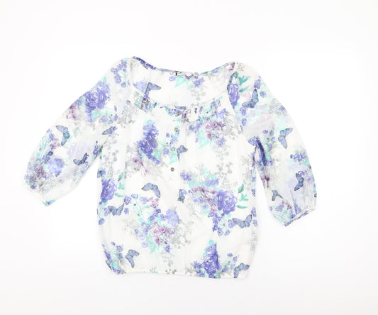 BHS Womens White Floral Polyester Basic Blouse Size 8 Scoop Neck