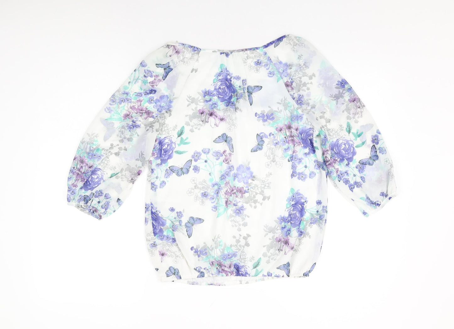 BHS Womens White Floral Polyester Basic Blouse Size 8 Scoop Neck
