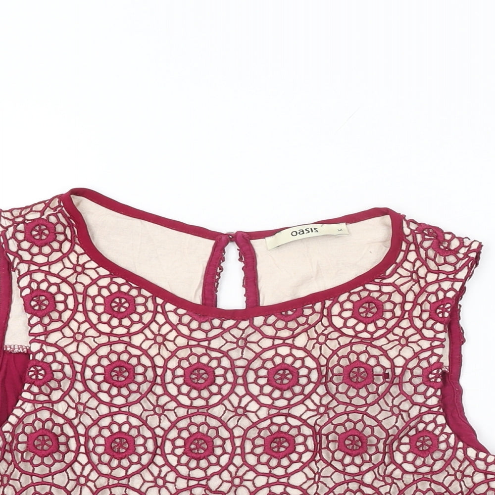 Oasis Womens Red Floral Viscose Basic T-Shirt Size M Round Neck