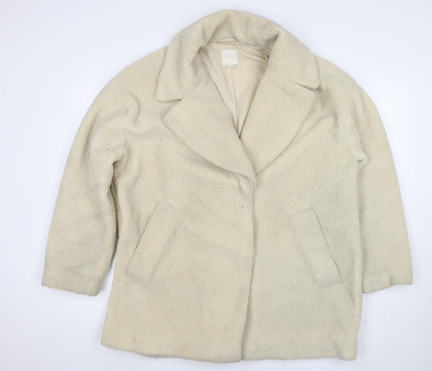 H&M Womens Ivory Overcoat Coat Size L Snap - Teddy Fleece