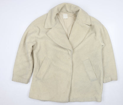 H&M Womens Ivory Overcoat Coat Size L Snap - Teddy Fleece