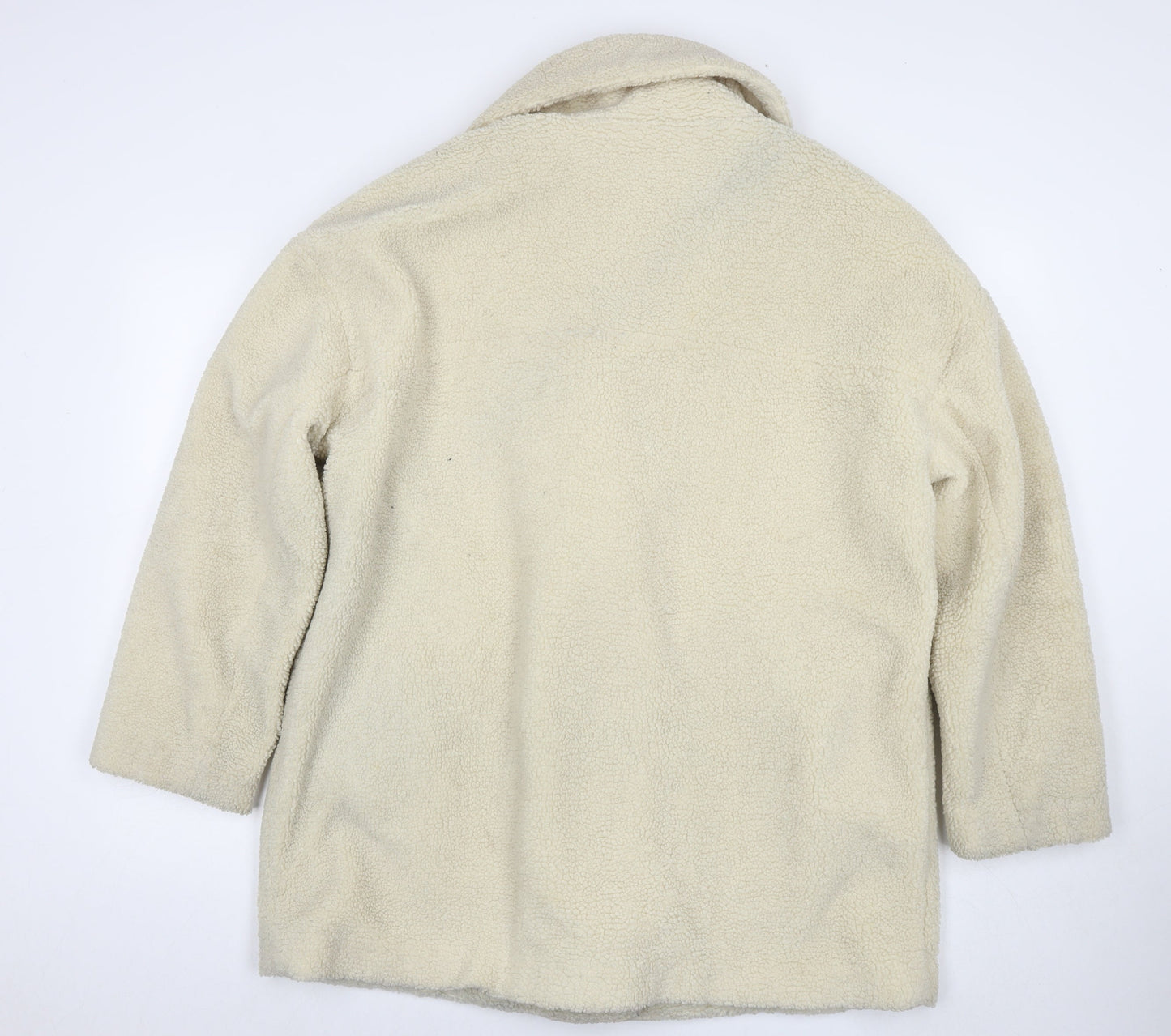H&M Womens Ivory Overcoat Coat Size L Snap - Teddy Fleece