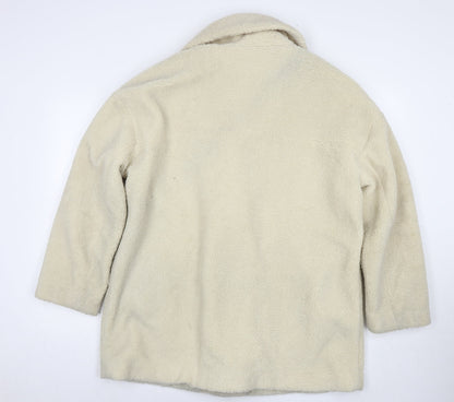 H&M Womens Ivory Overcoat Coat Size L Snap - Teddy Fleece