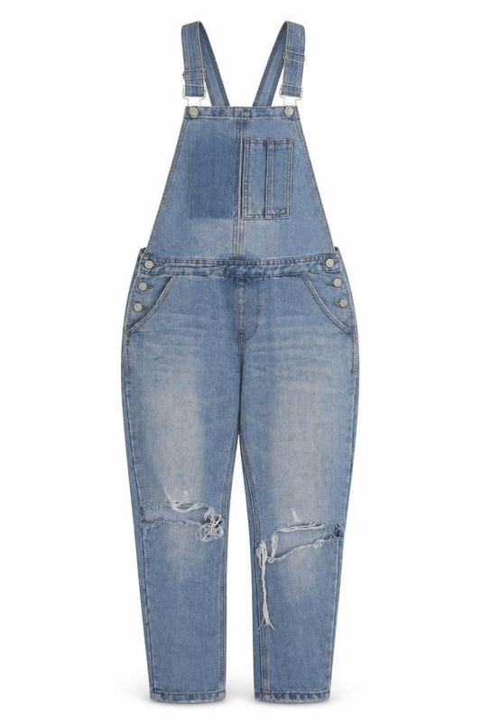 Front view of Denim & Co. women’s blue cotton dungaree one-piece, size UK 8, 27-inch leg zip - distressed