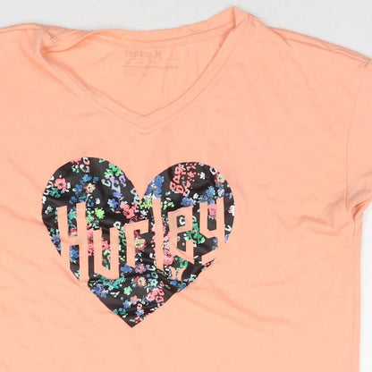 Hurley Womens Orange Polyester Basic T-Shirt Size XL Round Neck - Logo, Hearth