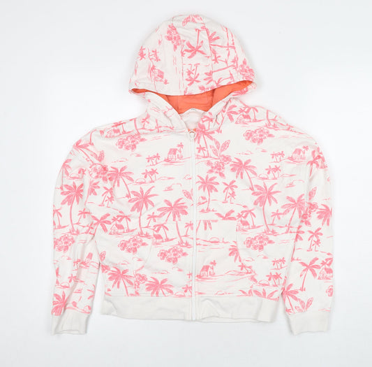 Marks and Spencer Girls White Floral Cotton Full Zip Hoodie Size 12-13 Years Zip
