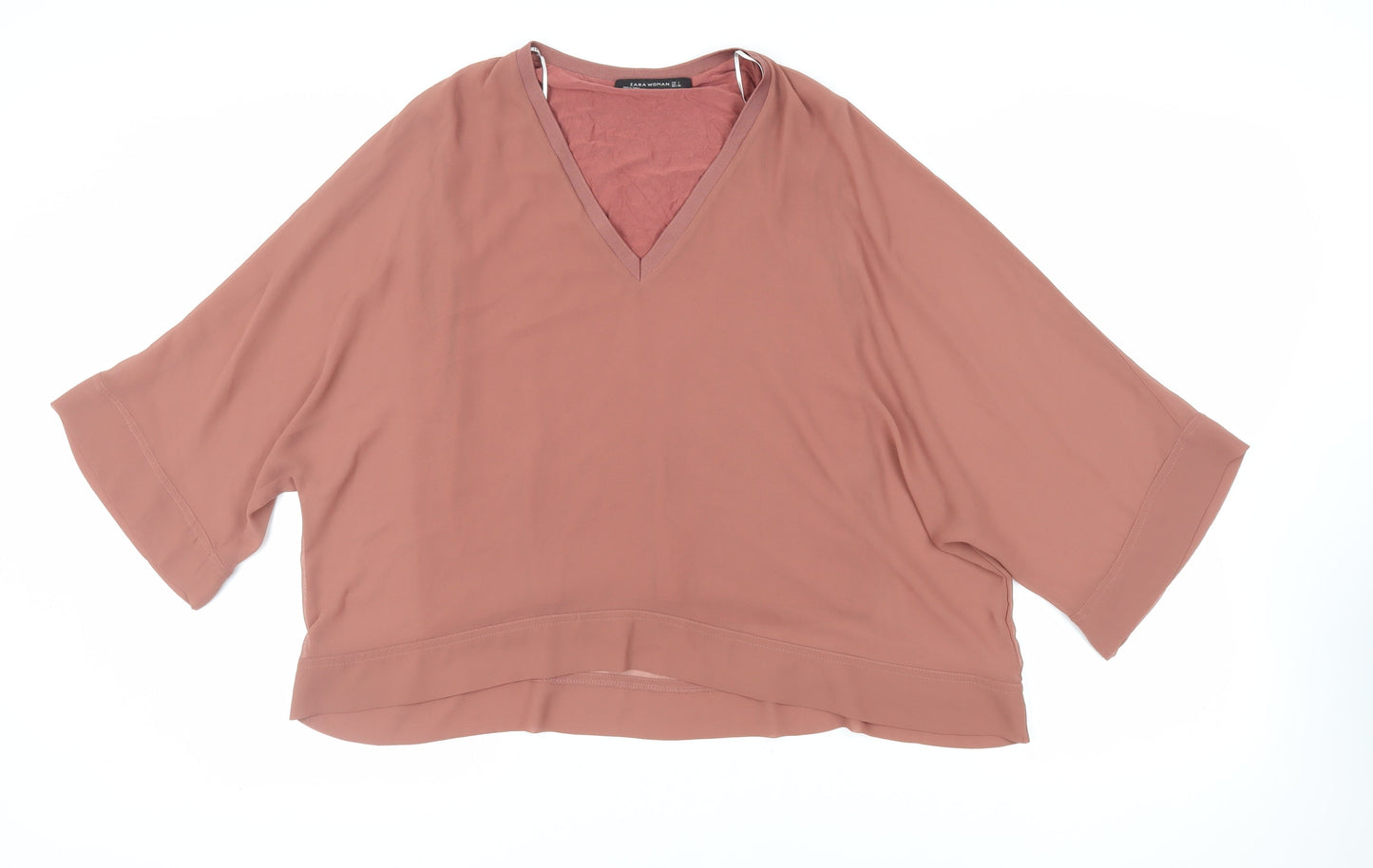 Zara Womens Brown Polyester Basic Blouse Size L V-Neck - Oversized