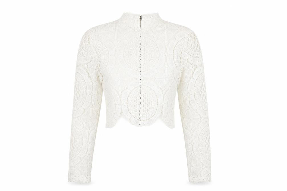 Glamorous Womens White Cotton Cropped Blouse Size 10 Mock Neck