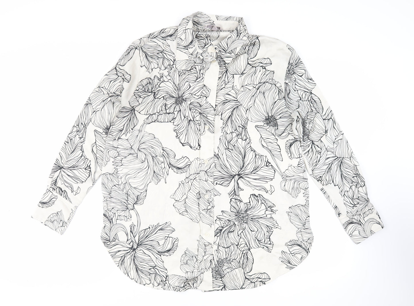 H&M` Womens Ivory Floral Polyester Basic Button-Up Size M Collared