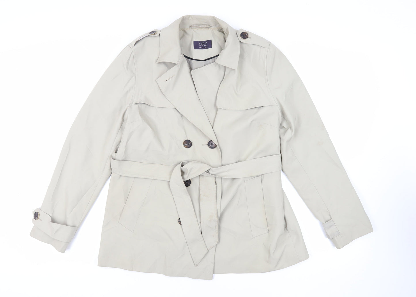 Marks and Spencer Womens Beige Pea Coat Coat Size 14 Button - Belted