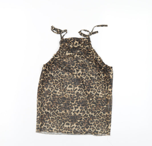 PRETTYLITTLETHING Womens Brown Animal Print Polyester Camisole T-Shirt Size 8 Square Neck