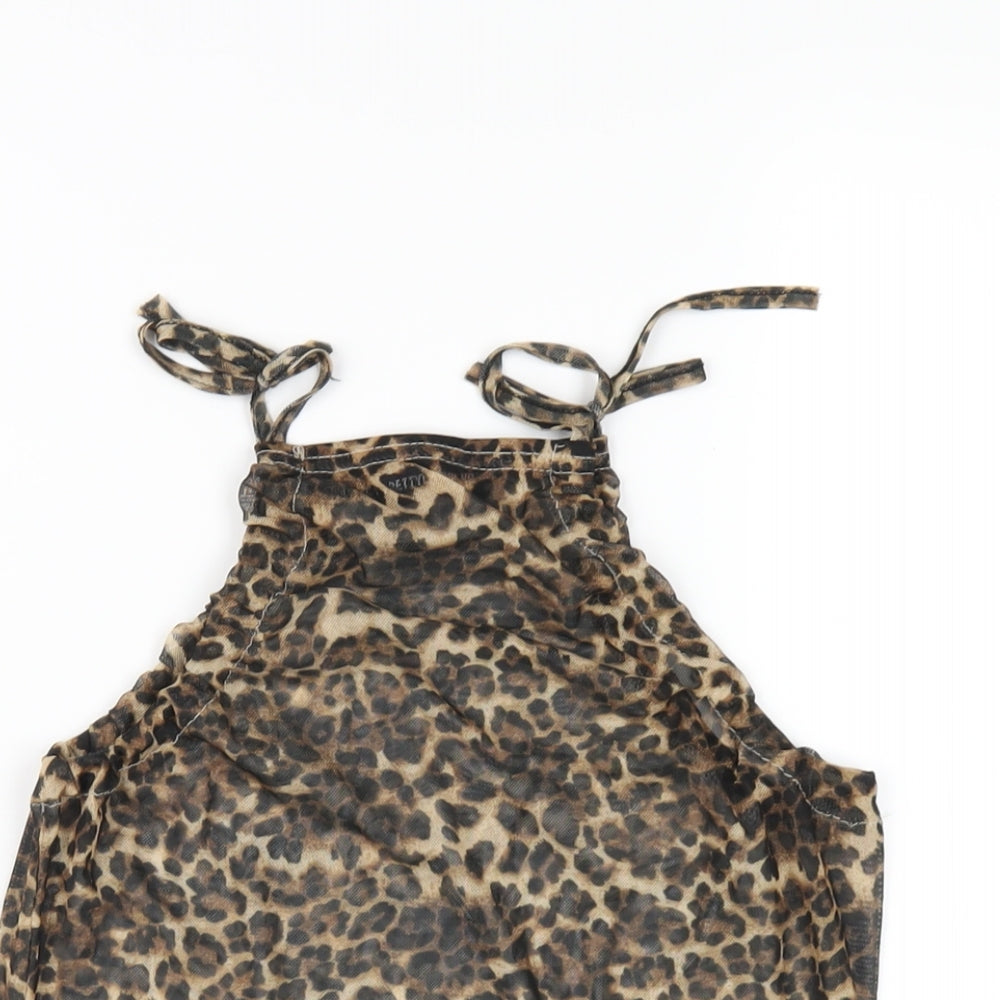 PRETTYLITTLETHING Womens Brown Animal Print Polyester Camisole T-Shirt Size 8 Square Neck