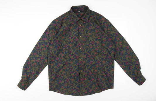 Cotton Traders Mens Green Floral Polyester Button-Up Size M Collared Button