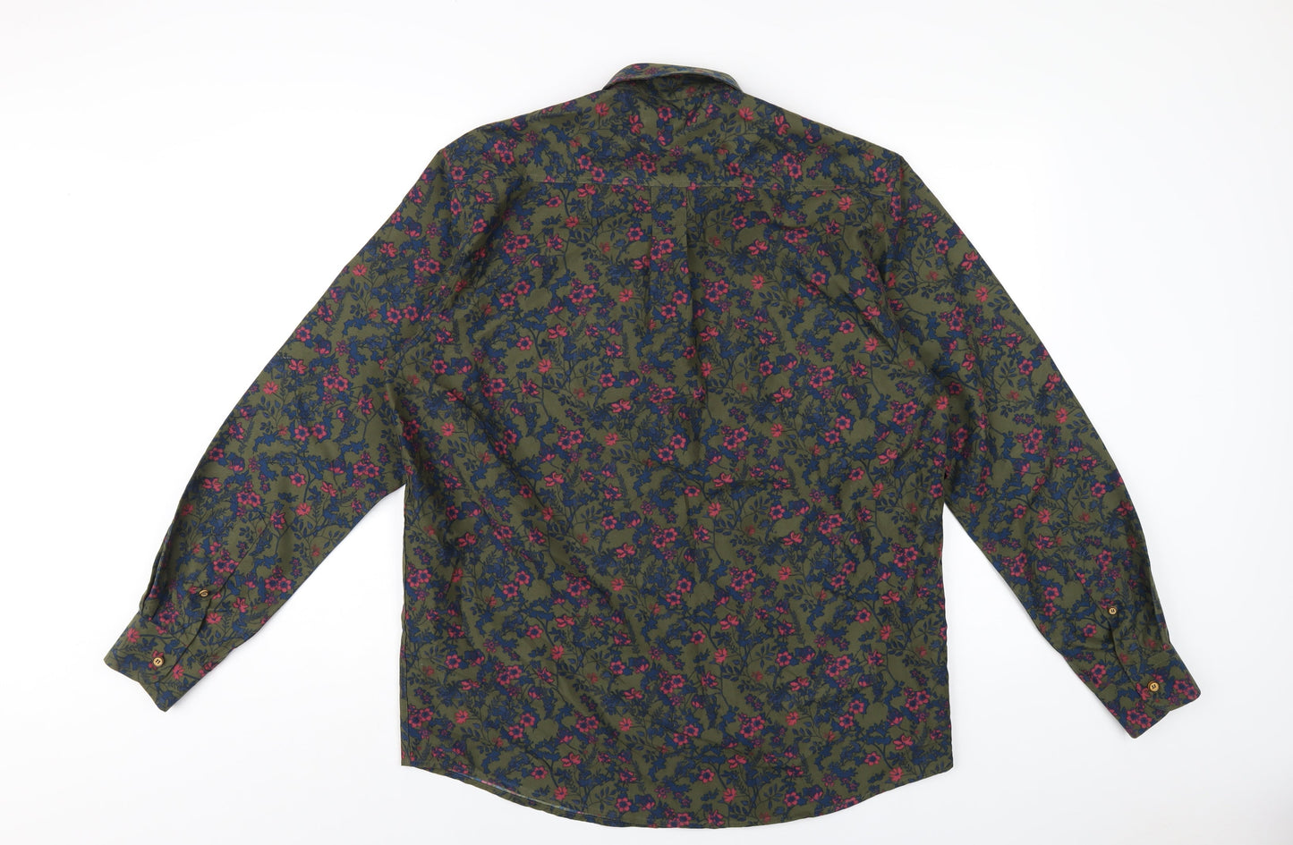 Cotton Traders Mens Green Floral Polyester Button-Up Size M Collared Button