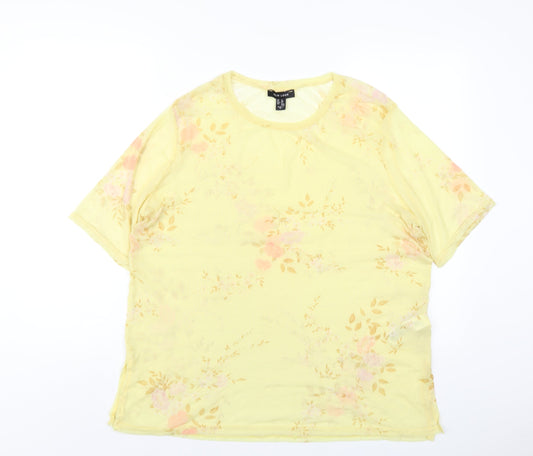 New Look Womens Yellow Floral Nylon Basic T-Shirt Size 16 Round Neck