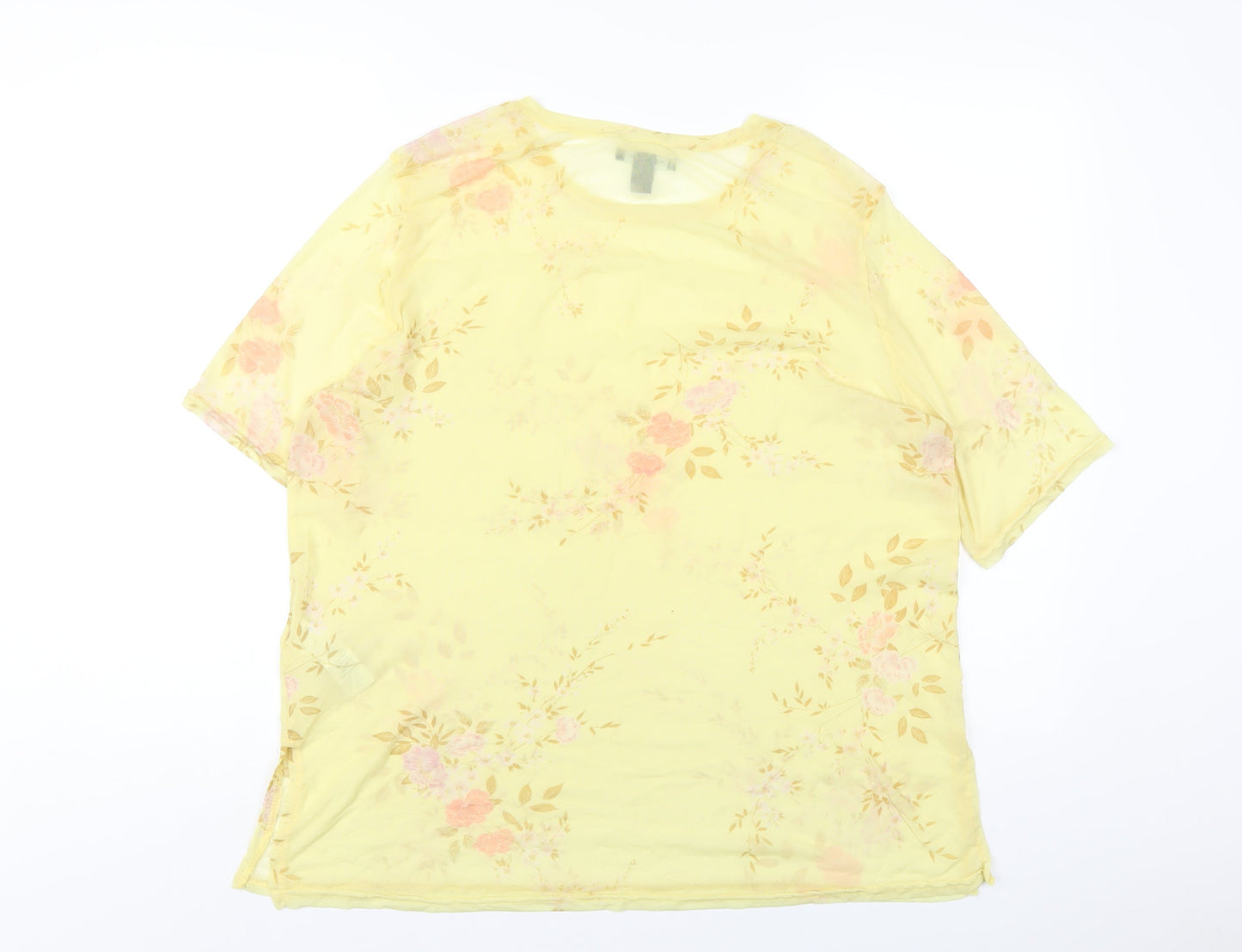 New Look Womens Yellow Floral Nylon Basic T-Shirt Size 16 Round Neck