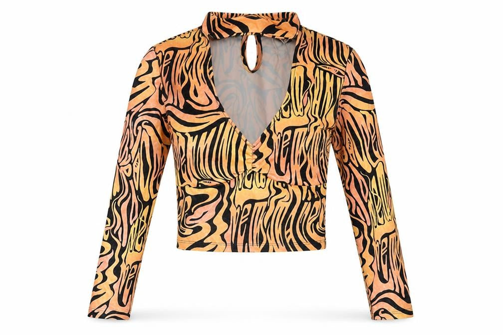 Bershka Womens Orange Geometric Polyester Basic T-Shirt Size S V-Neck