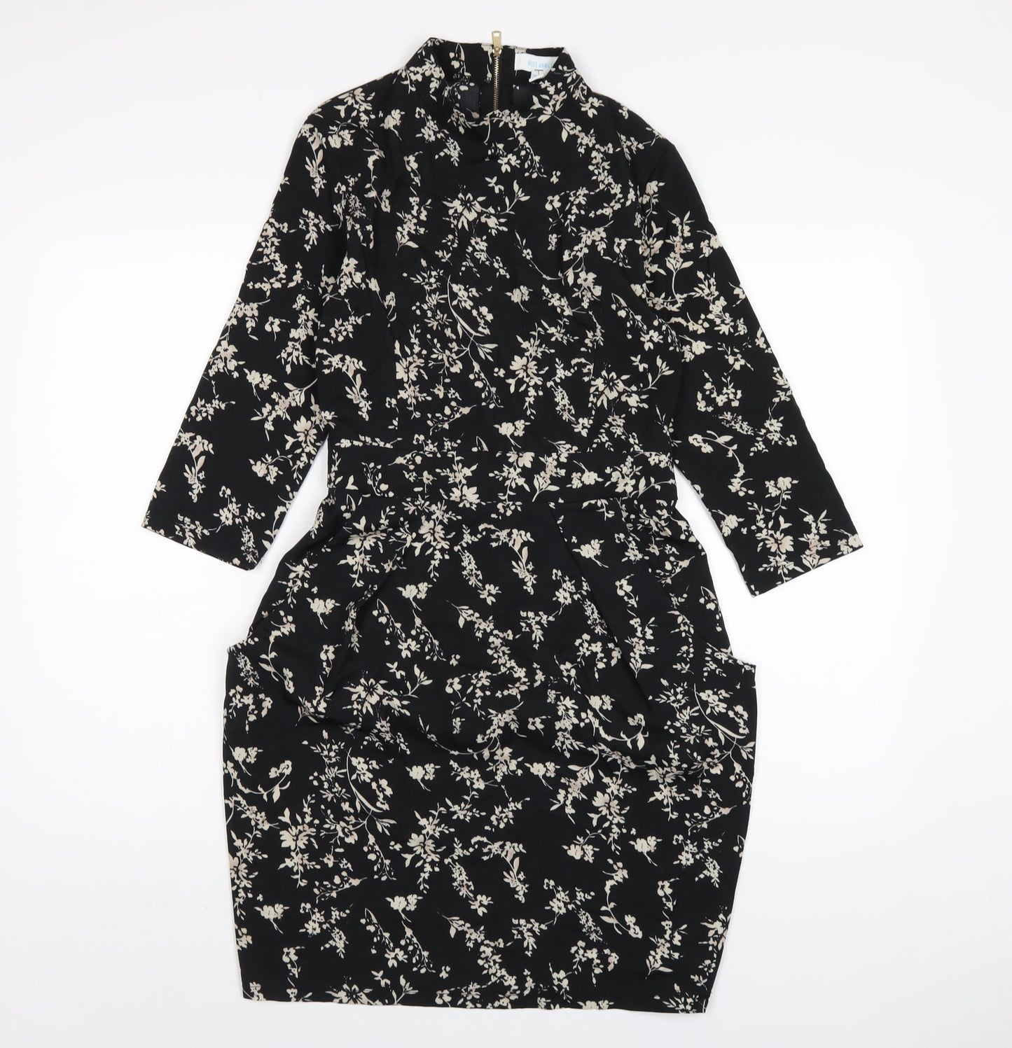 Blue Vanilla Womens Black Floral Polyester A-Line Size 10 Mock Neck Zip