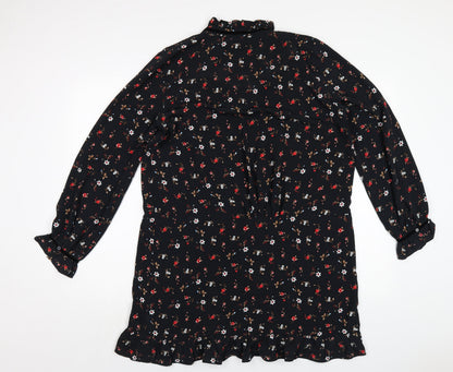 Zara Womens Black Floral Polyester A-Line Size L V-Neck Pullover