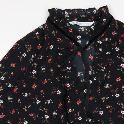 Zara Womens Black Floral Polyester A-Line Size L V-Neck Pullover