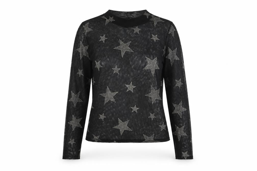 New Look Womens Black Geometric Polyester Basic T-Shirt Size 6 Mock Neck