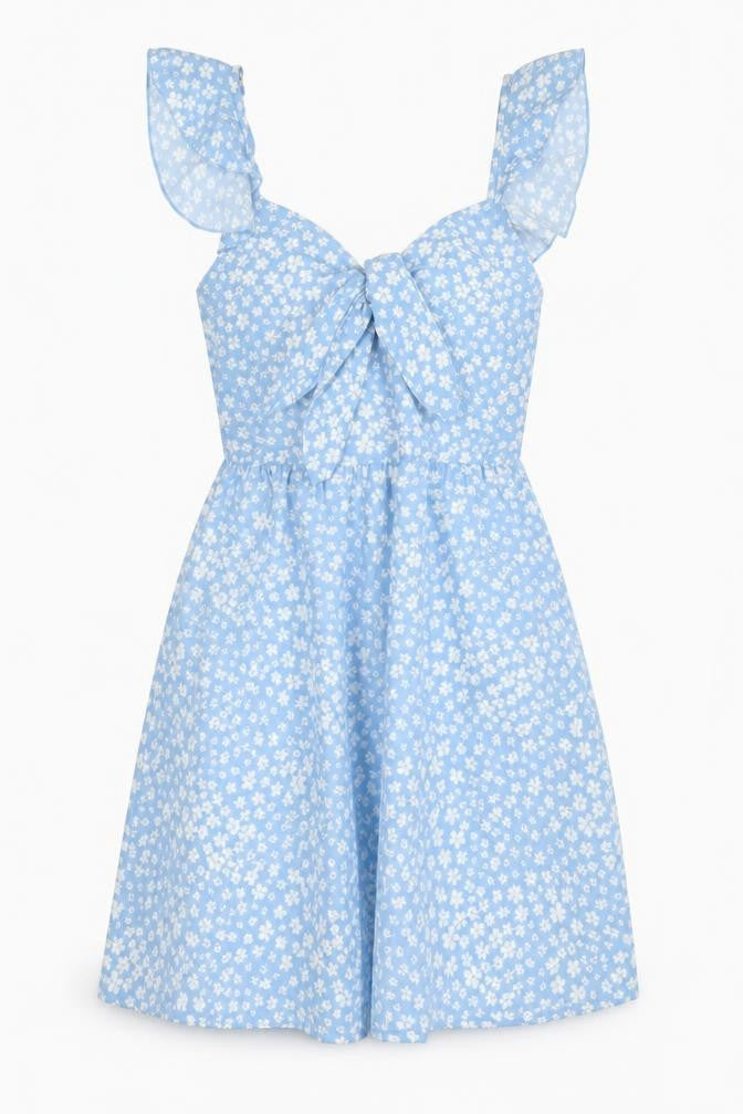 QED London Womens Blue Floral Polyester A-Line Size 6 V-Neck Zip