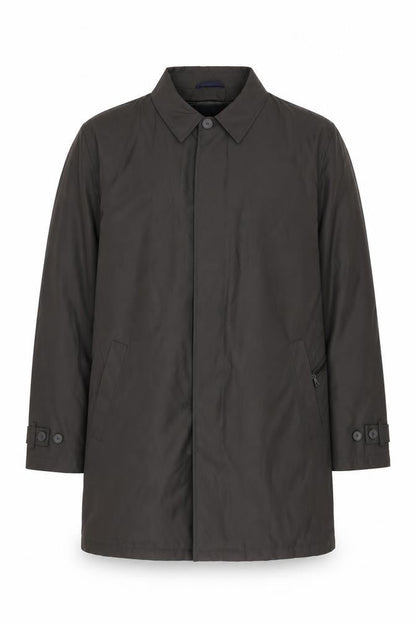 Front view of Autograph men’s green overcoat coat, size L, button