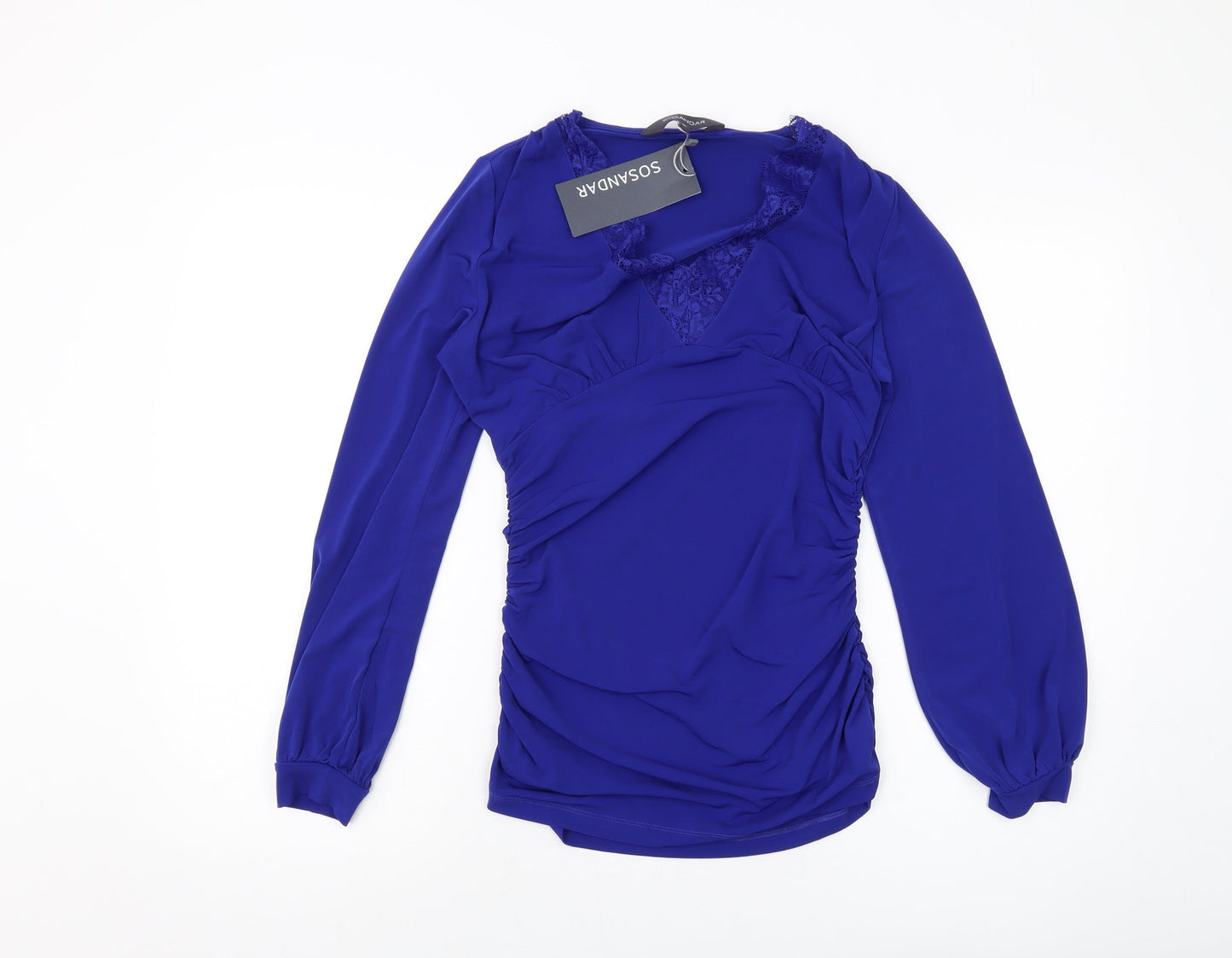 Sosadar Womens Blue Polyester Basic Blouse Size 10 V-Neck