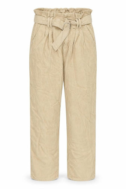 Front view of Denim & Co. women’s beige cotton trousers, size UK 12, 27-inch leg regular button