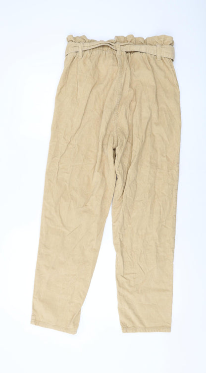 Back view of Denim & Co. women’s beige cotton trousers, size UK 12, 27-inch leg regular button