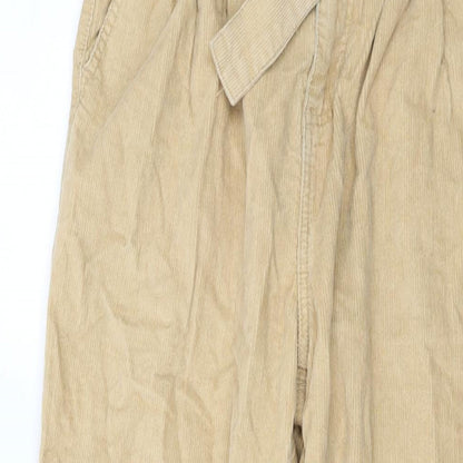 Close-up detail of Denim & Co. women’s beige cotton trousers, size UK 12, 27-inch leg regular button