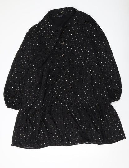 Marks & Spencer Womens Black Geometric Polyester A-Line Size 14 Collared Button