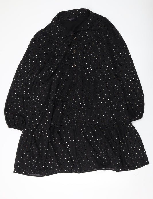 Marks and Spencer Womens Black Geometric Polyester A-Line Size 14 Collared Button
